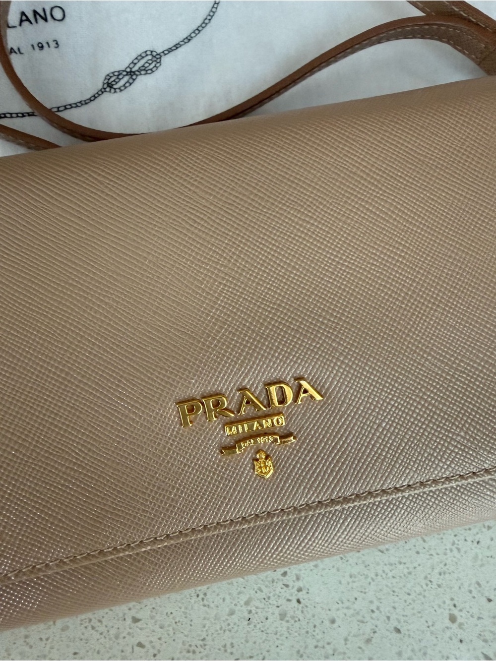 Authentic Prada Saffiano Leather Wallet on Chain / Crossbody – Cameo Beige - Picture 3 of 12
